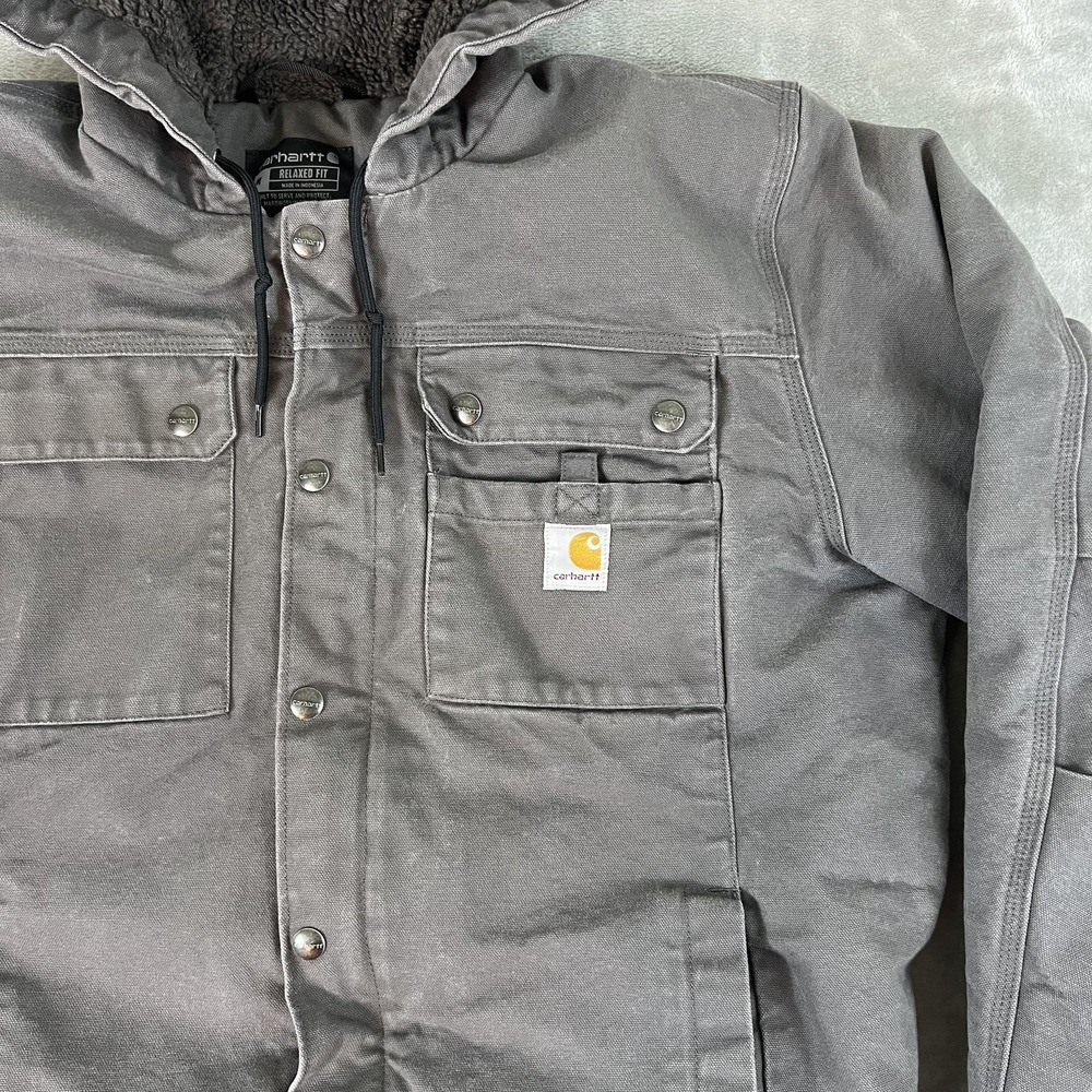 Carhartt Jacket Mens Medium Gray Hooded Sherpa Lined Full Zip Relaxed OJ3826-M - Picture 2 of 13
